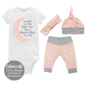 Twinkle Twinkle Little Star Girl I Love You Going Coming Home Outfit Personalized Newborn Baby Infant Set Yoga Pants Top Knot Hat Headband