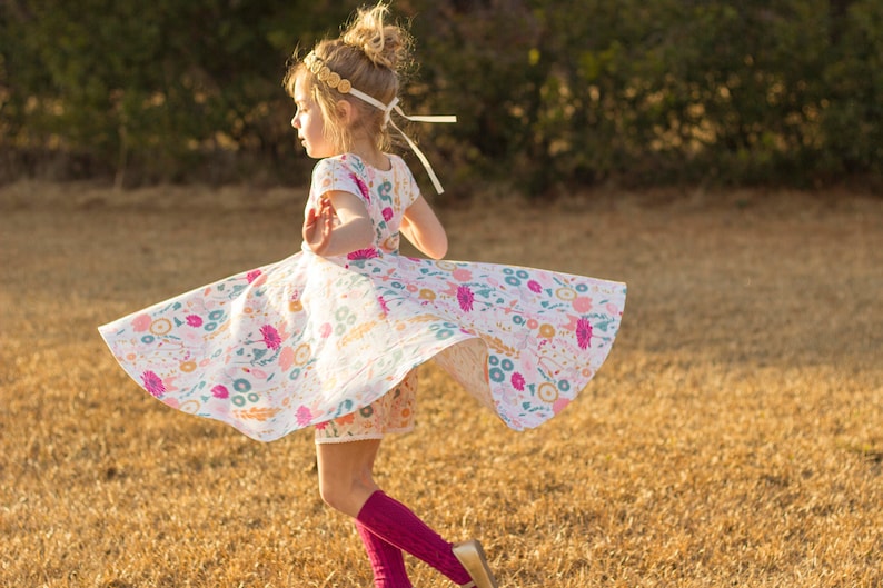 Easter Dress Spring Dress Twirly Easter Dress Toddler Dress Girl Dress Summer Dress Pink and Gold Twirl Dress Short Sleeve Twirly Knit Dress image 1