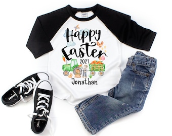 Joyeuses Pâques garçon Raglan chemise personnalisé vert tracteur lapin carottes ferme monogramme Pâques chemise Boyish noir Raglan