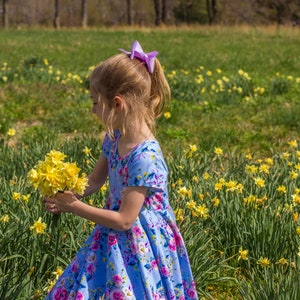 Blue Summer Twirly Dress Watercolor Floral Spring Easter Dress Toddler Dress Girl Dress Blue Pink Yellow Twirl Dress Short Sleeve Knit Dress image 9