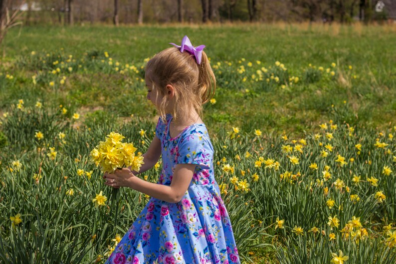 Blue Summer Twirly Dress Watercolor Floral Spring Easter Dress Toddler Dress Girl Dress Blue Pink Yellow Twirl Dress Short Sleeve Knit Dress image 9