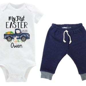 Boy First Easter Outfit Personalized Baby Easter Bunny Truck Carrots Going Home Outfit Boy Jeggings Navy Gray Boy Baby Gift