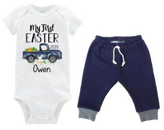 Boy First Easter Outfit Personalized Baby Easter Bunny Truck Carrots Going Home Outfit Boy Jeggings Navy Gray Boy Baby Gift