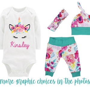 Unicorn Face Going Home Outfit Newborn Baby Infant Set Watercolor Floral Unicorn Yoga Leggings Top Knot Hat Headband Tropical