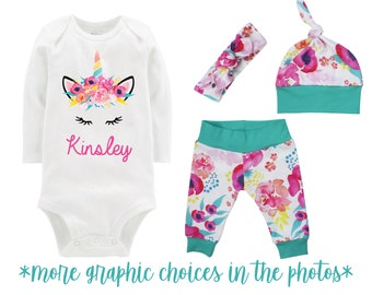 Unicorn Face Going Home Outfit Newborn Baby Infant Set Watercolor Floral Unicorn Yoga Leggings Top Knot Hat Headband Tropical