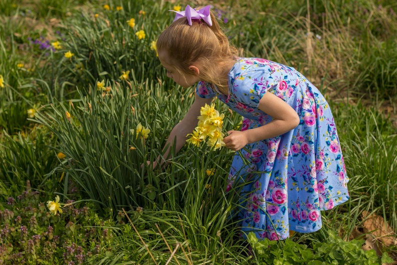 Blue Summer Twirly Dress Watercolor Floral Spring Easter Dress Toddler Dress Girl Dress Blue Pink Yellow Twirl Dress Short Sleeve Knit Dress image 6