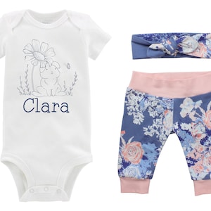 Girl Easter Outfit Personalized Baby Bunny Easter Pink Purple Watercolor Blue Floral Bunny Yoga Pants Headband Cute Girly