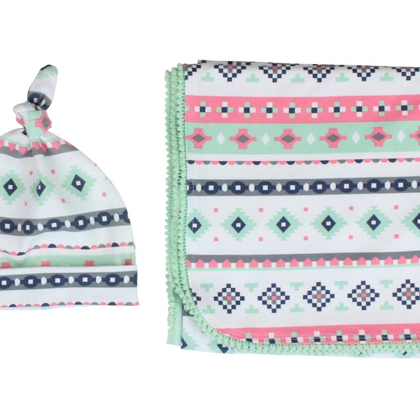 Mint Pink Tribal Newborn Swaddle Set Swaddle Blanket Top Knot Hat Knot Headband Feather Pom Pom Blanket Jersey Swaddle Baby Blanket Aztec