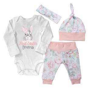 Girl First Easter Outfit Personalized Baby Bunny Floral Bunny Easter Pink Gray Watercolor Floral Yoga Pants Knot Headband Knot Hat Girly