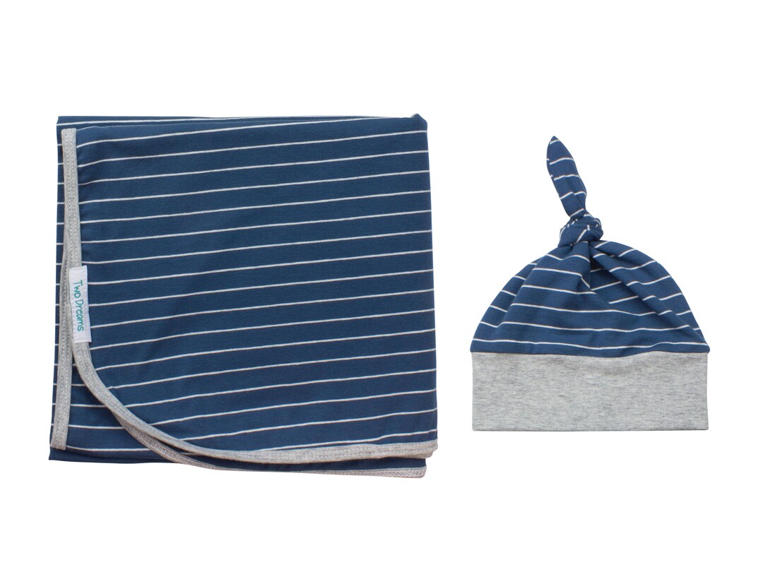 Boy Newborn Swaddle Set Blue Striped Blanket Navy Blue and Etsy