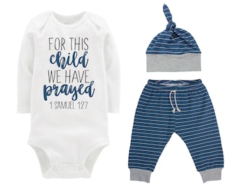 Boy For This Child We Have Prayed Going Coming Home Outfit Yoga Pants Navy Gray Stripe Boy Top Knot Hat Baby Shower Gift Newborn Baby