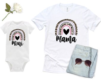 Mamãe e Mini Macacão Preto com Estampa de Leopardo Arco-íris Coração Camisa Bodysuits Mamãe e Me Queda Combinando Mãe Filha Preto Cheetah Rosa Roxo