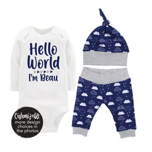 Boy Hello World Personalized Name Coming Home Outfit Bodysuit Infant Gift Set Blue Clouds Boy Going Coming Home Set Baby Shower Gift Newborn