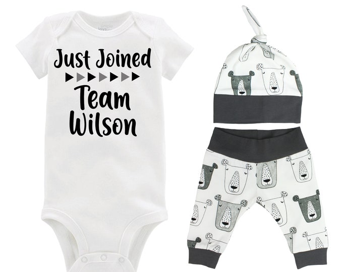 Boy Just Joined Team Last Name Personalized Coming Home Outfit Animal Gray Bears Organic Infant Gift Going Home Baby Shower Blue Black Teal