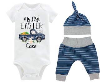 Boy First Easter Outfit Personalized Baby Easter Bunny Truck Carrots Going Home Outfit Yoga Pants Navy Gray Stripe Boy Knot Hat Baby Gift