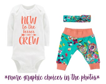 Girl Going Home Outfit New to the Crew Newborn Infant Set Fall Teal Plum Floral Yoga Leggings Headband Arrow Teal Floral Infant Gift Set