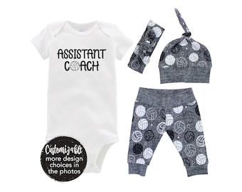 Volleyball Assistant Coach Baby Coming Home Outfit Girl or Boy Gray Yoga Leggings Knot Hat Headband Gift Set Volleyball Newest Member Team