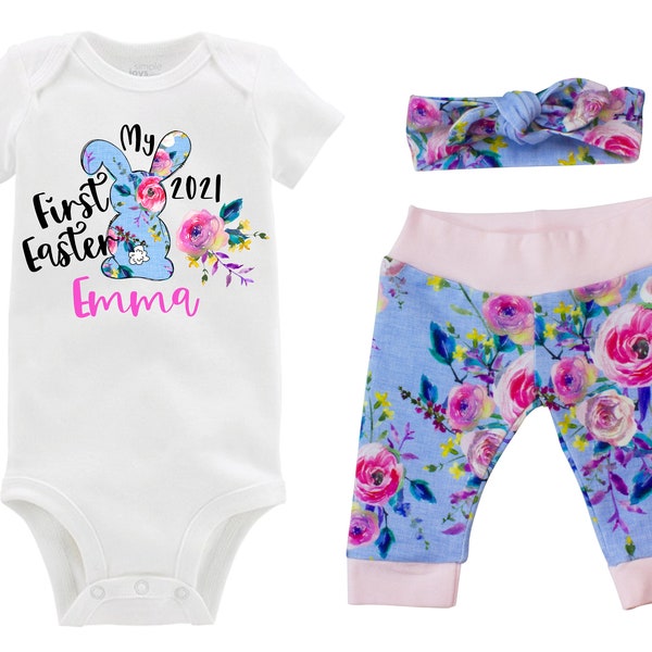 Girl My First Easter Outfit Personalized Bunny Floral Pink Blue Watercolor Floral Yoga Pants Knot Headband Knot Girly Spring Baby Monogram