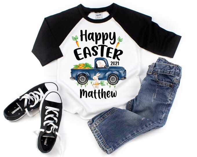 Boy Happy Easter Raglan Shirt Personalized Blue Truck Bunny Carrots Farm Monogrammed Easter Shirt Boyish Black Raglan