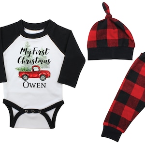 Boy My First Christmas 2022 Personalized Raglan Outfit Old Red Truck Christmas Tree Bodysuit Buffalo Flannel Pants Winter Red Plaid Pants