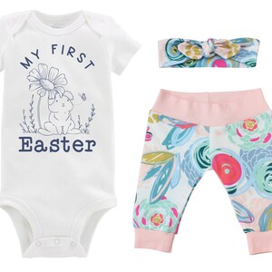 Girl My First Easter Outfit Floral Baby Bunny Easter Pink Blue Floral Bunny Bodysuit Yoga Pants Headband Cute Girly