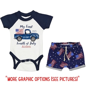 Boy My First Fourth of July Raglan Outfit Personalized Outfit Baby Bodysuit Summer Bodysuit 4th of July Blue Truck Outfit Unisex Flag Shorts
