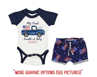 Jongen My First Fourth of July raglanoutfit gepersonaliseerde outfit babyromper zomerromper 4 juli blauwe vrachtwagenoutfit uniseks vlag shorts
