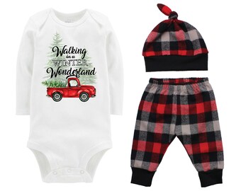 Christmas Tree Truck Bodysuit Buffalo Plaid Pants Winter Baby Outfit Boy Red Black Buffalo Plaid Walking in a Winter Wonderland Song Shirt