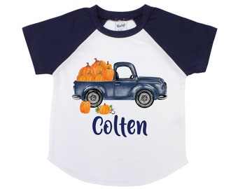 Old Truck Pumpkin Shirt Personalized Boy Pumpkin Patch Shirt Boyish Fall Shirt Old Blue Truck with Pumpkins Vintage Truck Shirt