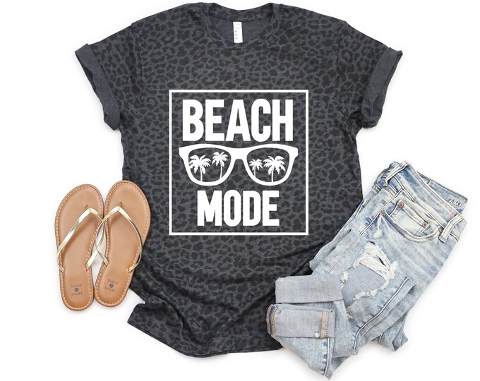 Beach Mode Vacation Gray Leopard Shirt Solid White Vinyl Vacay Beach Tee Toddler Youth Adult Shirt Palm Trees Sunglasses Tee Matching Family