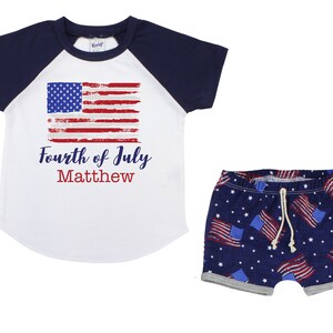 Boy Fourth of July Raglan Shirt Personalized Outfit 4th of July Flag Shirt Red White Blue Flag Baby Toddler Shirt Boy Navy Unisex T-Shirt
