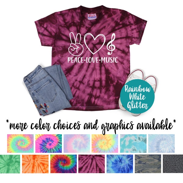Peace Love Music Tie Dye Shirt Glitter Vinyl Music Shirt Tie Dye Peace Love Music Shirt Music Lover Tee Piano Lover Shirt Music Note Tee