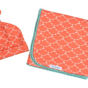 Koralle Neugeborenen Swaddle Set Swaddle Decke Top Knot Hut Knoten Stirnband Koralle und Teal Blossom Pom Pom Jersey Swaddle Baby Decke