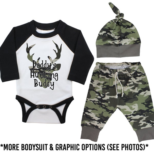 Camouflage Deer Baby Outfit Daddy's Hunting Buddy Monogrammed Buck Personalized Just Joined the Team Infant Newborn Coming Home Baby Yoda