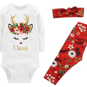 Girl Christmas Reindeer Outfit Personalized Red Christmas Floral Leggings Gold Sparkle Holly Berries Outfit Bodysuit Knot Headband Leggings