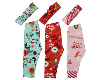 Leggings navideños Leggings navideños para bebé Leggings de invierno Leggings para niña Leggings navideños Ropa navideña para bebé Diadema con nudo superior navideña
