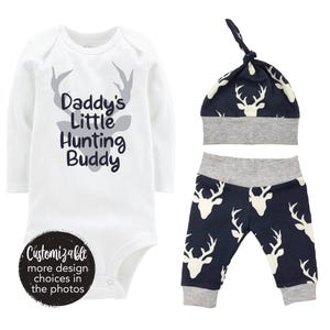 Daddy&#39;s Little Hunting Buddy Baby Outfit Deer Navy Gray Bodysuit Infant Gift Set Coming Home Outfit Buck Deer Grey and Navy Gift Baby Shower