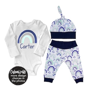 Boy Rainbow Baby Coming Home Outfit Personalized Watercolor Rainbow Yoga Pants Knot Hat Infertility Miscarriage Infant Loss Blue Gray Mint