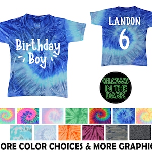 Birthday Boy Tie Dye Shirt Glow in the Dark Blue Jerry Tie Dye Personalized Birthday Party Shirt Age Year Name Blue Spiral Bday