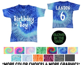 Birthday Boy Tie Dye Shirt Glow in the Dark Blue Jerry Tie Dye Personalized Birthday Party Shirt Age Year Name Blue Spiral Bday