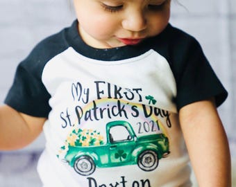 My First St. Patrick's romper met raglanmouwen groen Shamrock Truck-shirt St. Patty's Day jongensbaby gepersonaliseerd monogram met lange of korte mouw