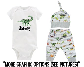 Boy Dinosaur Outfit Personalized T-Rex Tyrannosaurus Triceratops Boy Gray White Boy Leggings Green Going Coming Home Outfit Boy Baby Gift