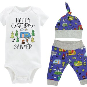 Happy Camper Personalized Boy Going Coming Home Set Bodysuit Infant Gift Set Camping Boy Outfit Camper Baby Shower Gift Newborn Baby