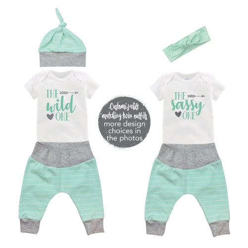 Jumeaux impertinents sauvages, tenue assortie, retour à la maison pour bébé, rayures menthe, ensemble de jumeaux pour fille Miracles, jumeaux, amis, nouveau-né, bébé