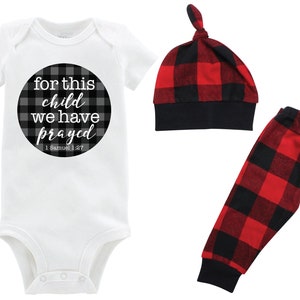 Boy For this Child We Have Prayed Coming Home Outfit Going Home Outfit Red Buffalo Plaid Pants Fall Baby Outfit Buffalo Check Infertility