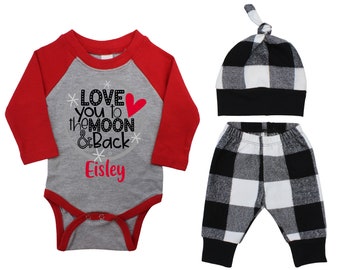 Baby Boy Valentine's Day Moon Personalized Raglan Outfit Valentine Love You To The Moon & Back Bodysuit Baby Boy Buffalo Plaid Flannel Pants