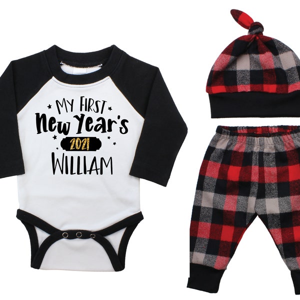 My First New Year's 2022 Personalized Black Raglan Outfit Baby Unisex Happy New Year Gold Sparkle Boy Red Black Gray Plaid Flannel Pants