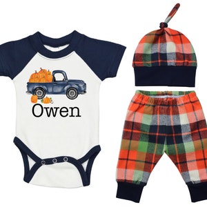 Boy Pumpkin Truck Personalized Pumpkin Patch Outfit Plaid Pants Knot Hat Pumpkin Old Truck Navy Orange Green Baby Raglan HANDMADE in the USA