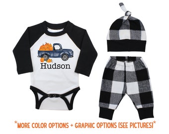 Boy Personalized Pumpkin Patch Outfit Fall Baby Raglan Outfit Fall Plaid Pants Knot Hat Pumpkins Black White Plaid Baby Bodysuit Raglan