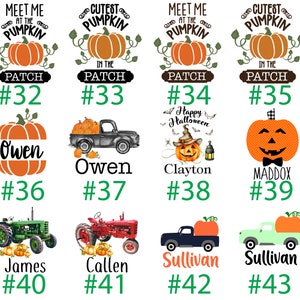 May include: A set of 12 pumpkin-themed iron-on transfers for clothing. The designs include pumpkins, trucks, tractors, and text that says "Meet me at the pumpkin patch", "Cutest pumpkin in the patch", "Happy Halloween", and "Owen".